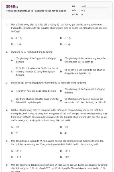 19 câu trắc nghiệm Lực từ - Cảm ứng từ cực hay có đáp án