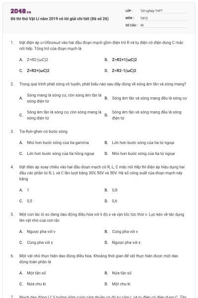 Đề thi thử Vật Lí năm 2019 có lời giải chi tiết (Đề số 26)
