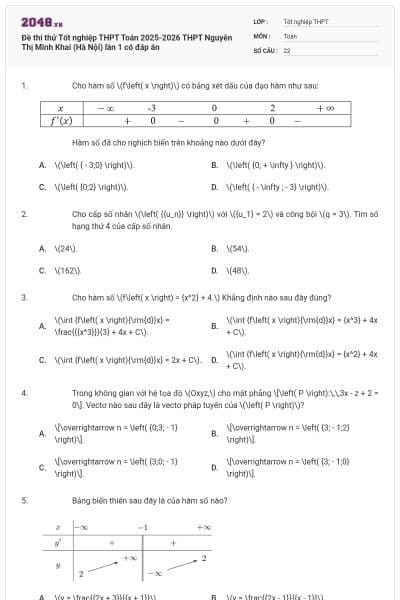 Đề thi thử Tốt nghiệp THPT Toán 2025-2026 THPT Nguyễn Thị Minh Khai (Hà Nội) lần 1 có đáp án