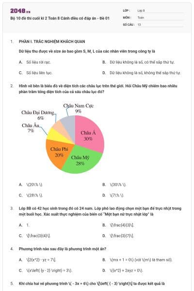 Bộ 10 đề thi cuối kì  2 Toán 8 Cánh diều có đáp án - Đề 01