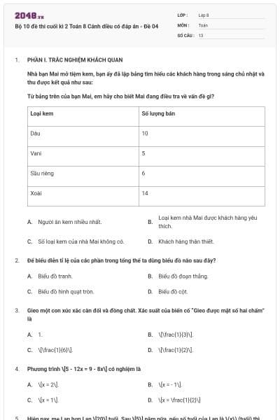 Bộ 10 đề thi cuối kì  2 Toán 8 Cánh diều có đáp án - Đề 04