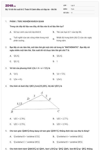 Bộ 10 đề thi cuối kì  2 Toán 8 Cánh diều có đáp án - Đề 06
