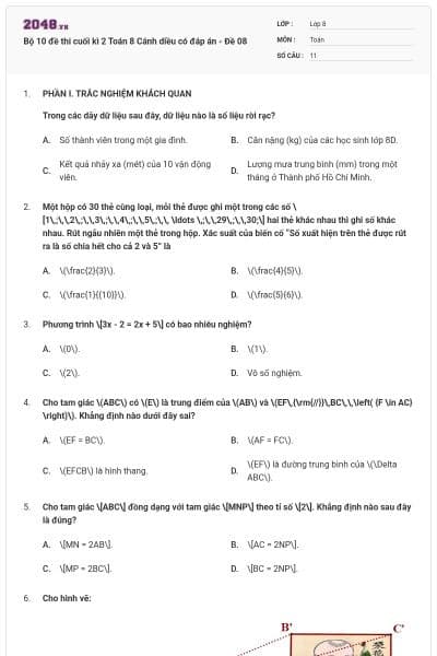 Bộ 10 đề thi cuối kì  2 Toán 8 Cánh diều có đáp án - Đề 08