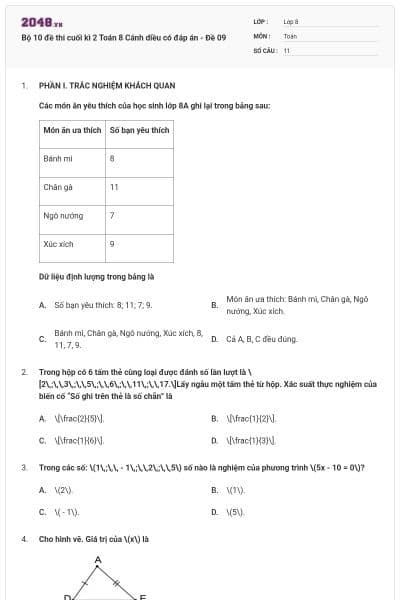 Bộ 10 đề thi cuối kì  2 Toán 8 Cánh diều có đáp án - Đề 09