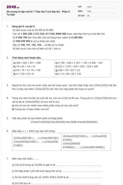 Đề cương ôn tập cuối kì 1 Toán lớp 5 (có đáp án) - Phần II. Tự luận
