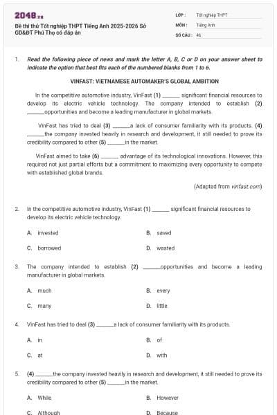 Đề thi thử Tốt nghiệp THPT Tiếng Anh 2025-2026 Sở GD&ĐT Phú Thọ có đáp án