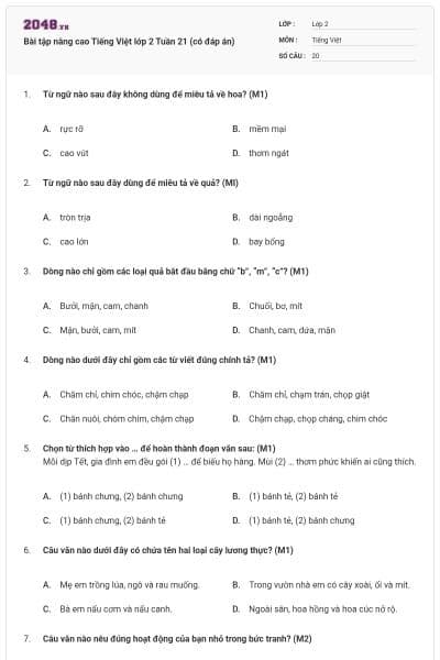 Bài tập nâng cao Tiếng Việt lớp 2 Tuần 21 (có đáp án)