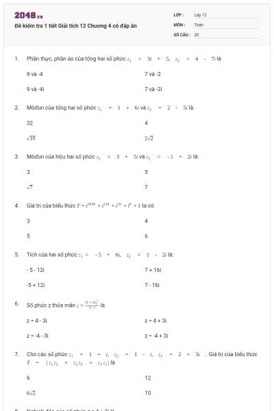 Đề kiểm tra 1 tiết Giải tích 12 Chương 4 có đáp án