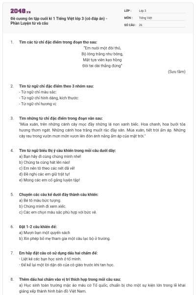 Đề cương ôn tập cuối kì 1 Tiếng Việt lớp 3 (có đáp án) - Phần Luyện từ và câu