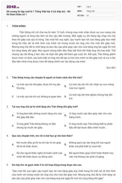 Đề cương ôn tập cuối kì 1 Tiếng Việt lớp 3 (có đáp án) - Đề thi tham khảo số 1