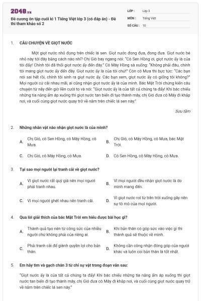 Đề cương ôn tập cuối kì 1 Tiếng Việt lớp 3 (có đáp án) - Đề thi tham khảo số 2