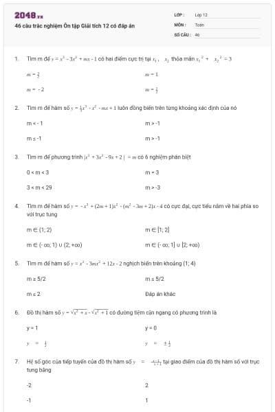 46 câu trắc nghiệm Ôn tập Giải tích 12 có đáp án