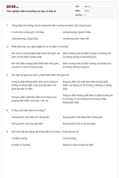 Trắc nghiệm Điện từ trường cực hay, có đáp án