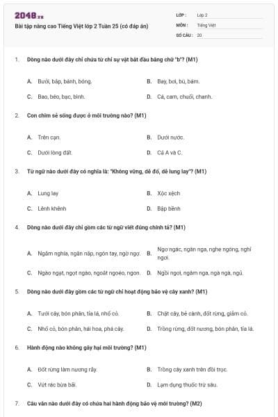 Bài tập nâng cao Tiếng Việt lớp 2 Tuần 25 (có đáp án)