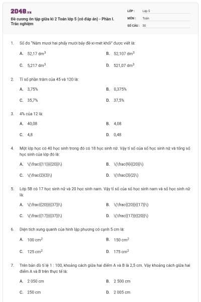 Đề cương ôn tập giữa kì 2 Toán lớp 5 (có đáp án) - Phần I. Trắc nghiệm