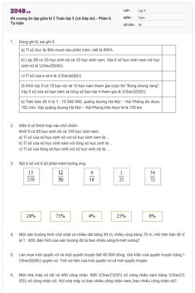 Đề cương ôn tập giữa kì 2 Toán lớp 5 (có đáp án) - Phần II. Tự luận