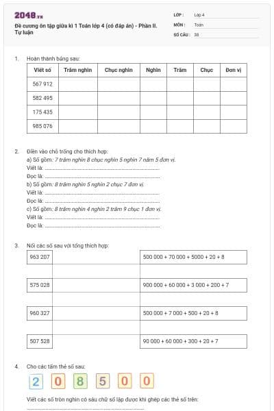 Đề cương ôn tập giữa kì 1 Toán lớp 4 (có đáp án) - Phần II. Tự luận