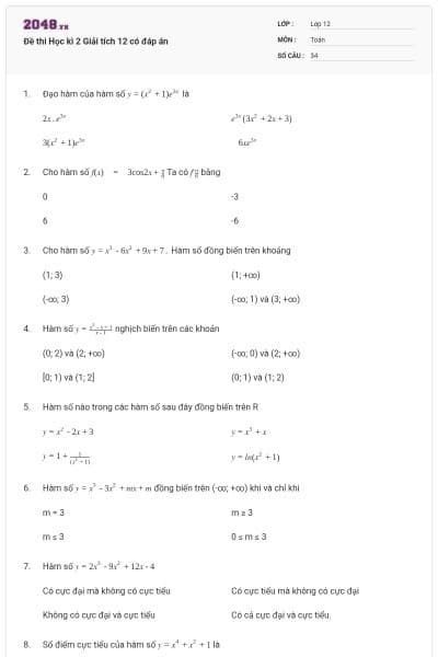 Đề thi Học kì 2 Giải tích 12 có đáp án