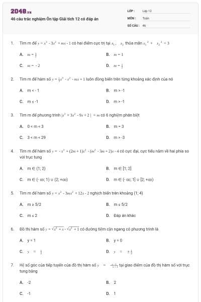 46 câu trắc nghiệm Ôn tập Giải tích 12 có đáp án