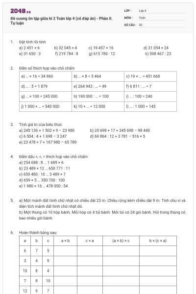 Đề cương ôn tập giữa kì 2 Toán lớp 4 (có đáp án) - Phần II. Tự luận