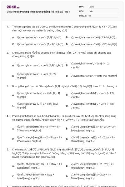 Đề kiểm tra Phương trình đường thẳng (có lời giải) - Đề 1