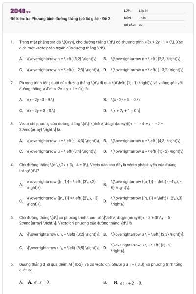 Đề kiểm tra Phương trình đường thẳng (có lời giải) - Đề 2