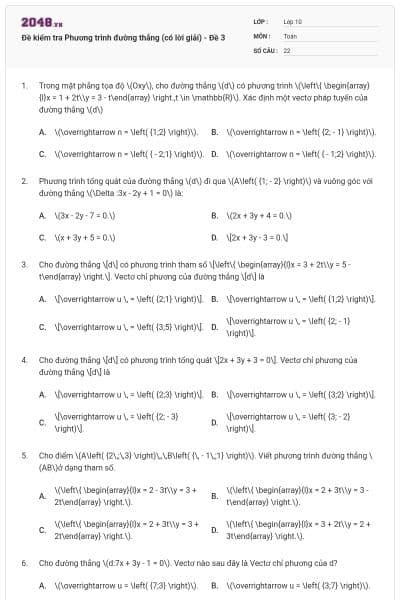 Đề kiểm tra Phương trình đường thẳng (có lời giải) - Đề 3