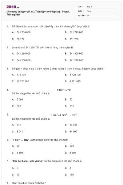 Đề cương ôn tập cuối kì 2 Toán lớp 4 (có đáp án) - Phần I. Trắc nghiệm