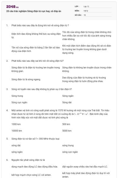 20 câu trắc nghiệm Sóng điện từ cực hay, có đáp án