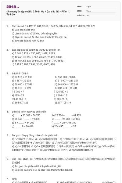 Đề cương ôn tập cuối kì 2 Toán lớp 4 (có đáp án) - Phần II. Tự luận