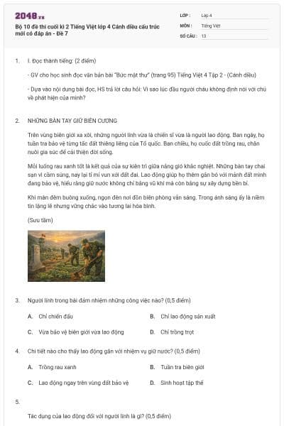 Bộ 10 đề thi cuối kì 2 Tiếng Việt lớp 4 Cánh diều cấu trúc mới có đáp án - Đề 7