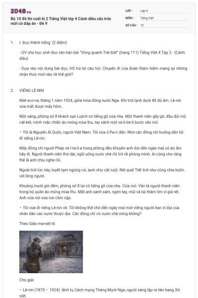 Bộ 10 đề thi cuối kì 2 Tiếng Việt lớp 4 Cánh diều cấu trúc mới có đáp án - Đề 9