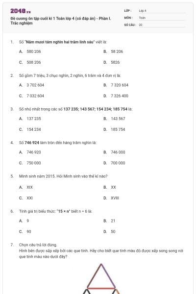 Đề cương ôn tập cuối kì 1 Toán lớp 4 (có đáp án) - Phần I. Trắc nghiệm