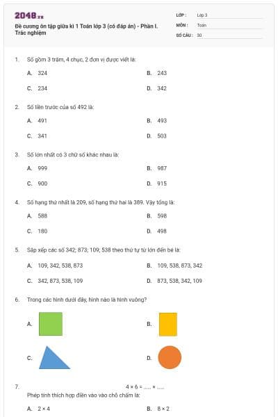 Đề cương ôn tập giữa kì 1 Toán lớp 3 (có đáp án) - Phần I. Trắc nghiệm