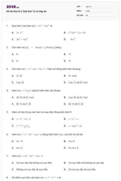 Đề thi Học kì 2 Giải tích 12 có đáp án