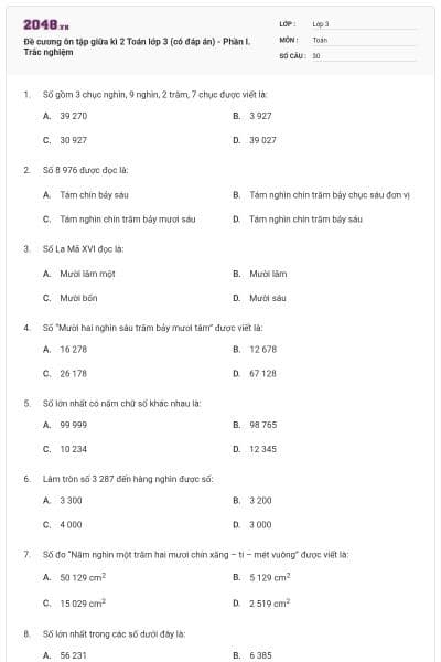 Đề cương ôn tập giữa kì 2 Toán lớp 3 (có đáp án) - Phần I. Trắc nghiệm