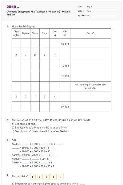 Đề cương ôn tập giữa kì 2 Toán lớp 3 (có đáp án) - Phần II. Tự luận