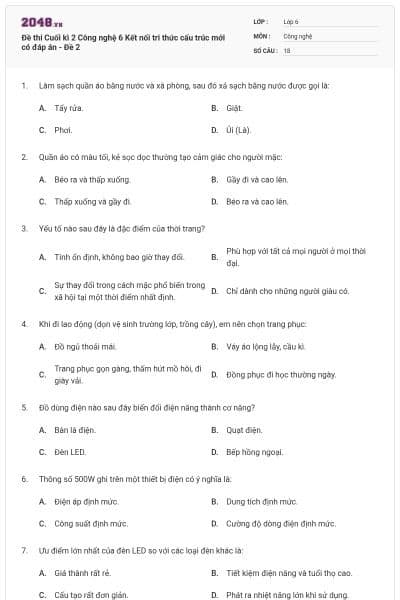 Đề thi Cuối kì 2 Công nghệ 6 Kết nối tri thức cấu trúc mới có đáp án - Đề 2