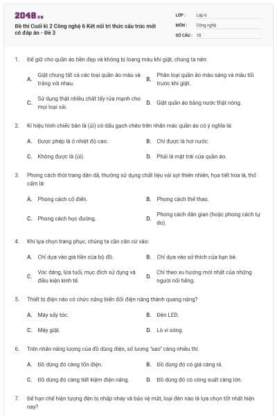 Đề thi Cuối kì 2 Công nghệ 6 Kết nối tri thức cấu trúc mới có đáp án - Đề 3