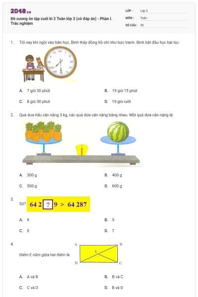 Đề cương ôn tập cuối kì 2 Toán lớp 3 (có đáp án) - Phần I. Trắc nghiệm
