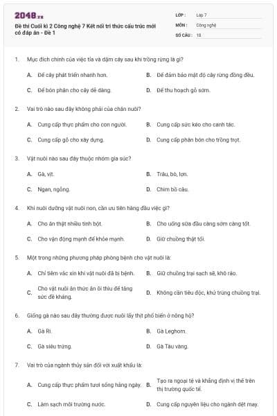 Đề thi Cuối kì 2 Công nghệ 7 Kết nối tri thức cấu trúc mới có đáp án - Đề 1