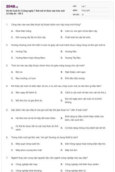Đề thi Cuối kì 2 Công nghệ 7 Kết nối tri thức cấu trúc mới có đáp án - Đề 2