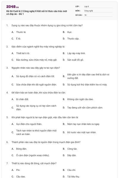 Đề thi Cuối kì 2 Công nghệ 8 Kết nối tri thức cấu trúc mới có đáp án - Đề 1