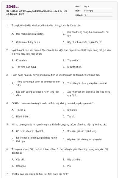 Đề thi Cuối kì 2 Công nghệ 8 Kết nối tri thức cấu trúc mới có đáp án - Đề 2