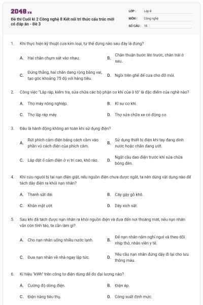 Đề thi Cuối kì 2 Công nghệ 8 Kết nối tri thức cấu trúc mới có đáp án - Đề 3