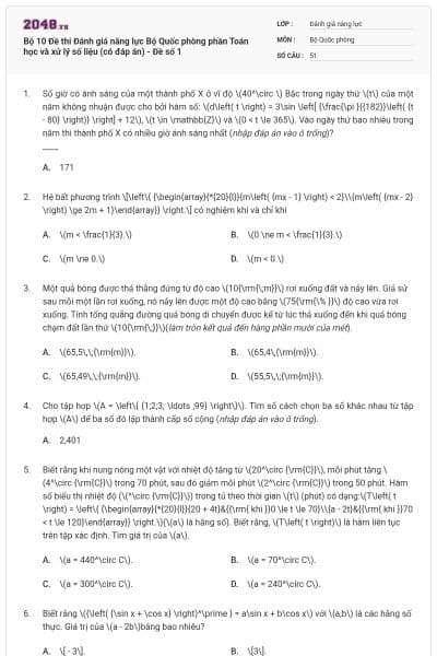 Bộ 10 Đề thi Đánh giá năng lực Bộ Quốc phòng phần Toán học và xử lý số liệu (có đáp án) - Đề số 1
