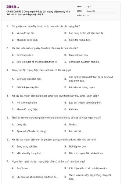 Đề thi Cuối kì 2 Công nghệ 9 Lắp đặt mạng điện trong nhà Kết nối tri thức (có đáp án) - Đề 3