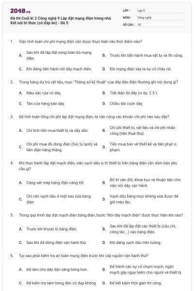 Đề thi Cuối kì 2 Công nghệ 9 Lắp đặt mạng điện trong nhà Kết nối tri thức (có đáp án) - Đề 5