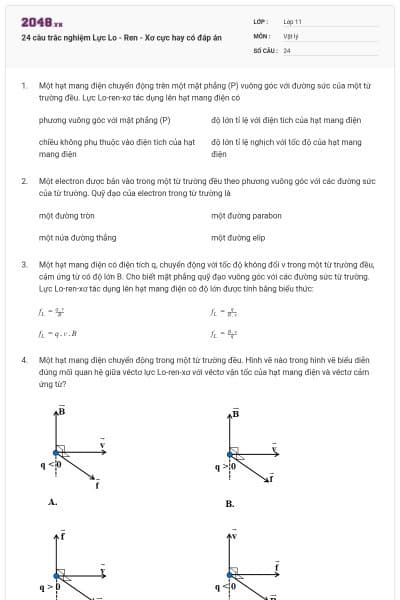 24 câu trắc nghiệm Lực Lo - Ren - Xơ cực hay có đáp án