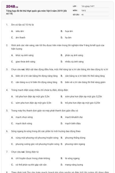 Tổng hợp đề thi thử thpt quốc gia môn Vật lí năm 2019 (đề số 14)